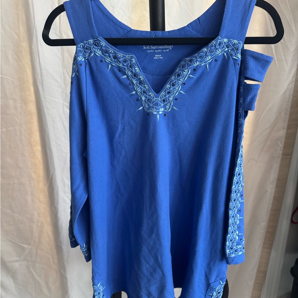 Soft Surroundings Women’s Simpatico Embroidered Top Blue Rhinestone Size XS